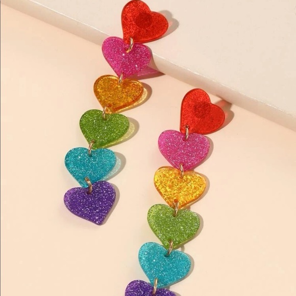 Rainbow Cascading Heart Earrings - Picture 2 of 5